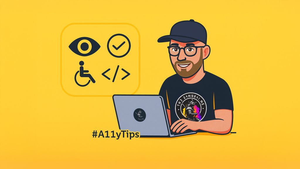 Comic-style illustration of a bearded developer wearing a baseball cap and samurai-themed shirt, working on a laptop with a samurai sticker. To the side, accessibility icons and the hashtag #A11yTips promote practical accessibility tips for developers.