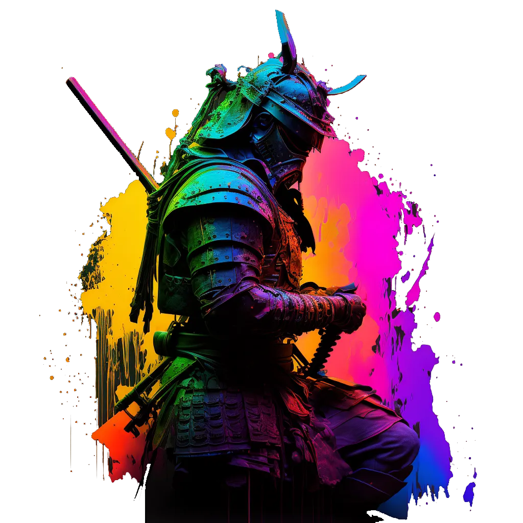 Modern-day samurai kneeling in traditional armor, sword in hand, against a vibrant wall of multicolored paint splashes — symbolizing the fusion of ancient warrior spirit with contemporary creativity.