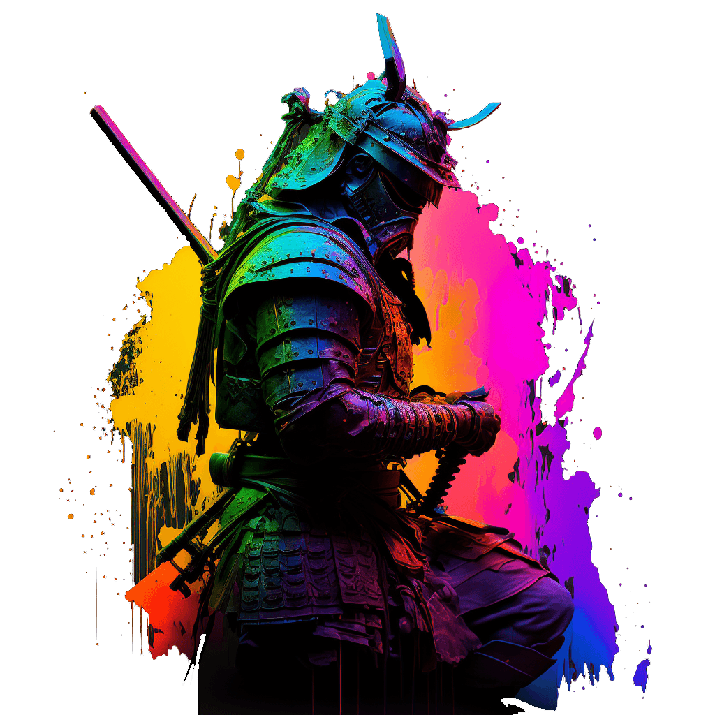 Modern-day samurai kneeling in traditional armor, sword in hand, against a vibrant wall of multicolored paint splashes — symbolizing the fusion of ancient warrior spirit with contemporary creativity.