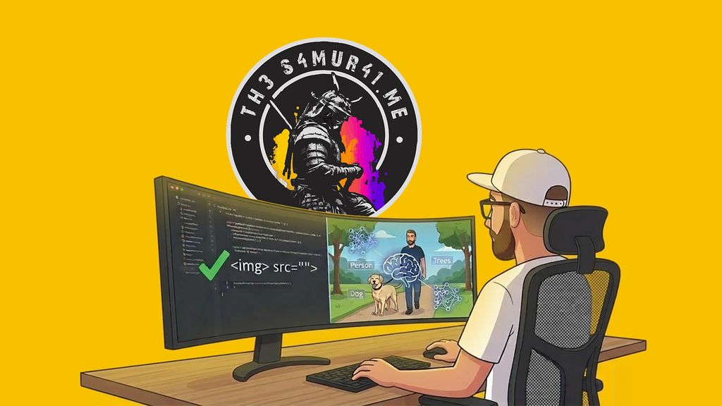 A comic-style illustration of a developer from behind looking at a monitor. The screen displays code and an AI analysis of a photo, with specific labels identifying a man, a dog, and a park scene.