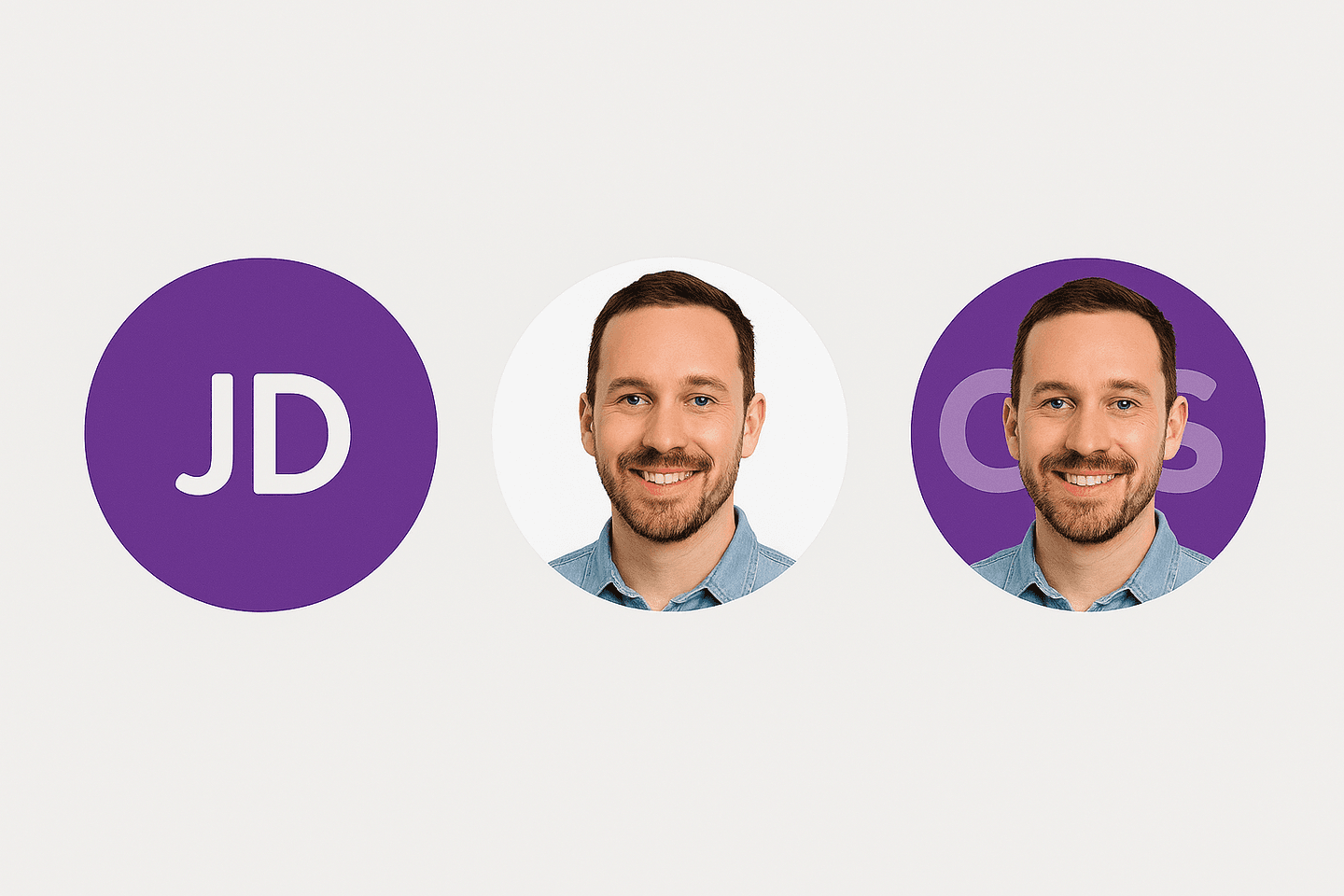 The left and center avatars appear as expected. On the left, there’s a colored fallback displaying initials, while the center shows an image with a solid background. The issue arises with the right avatar: when the image has a transparent background, the fallback initials remain visible underneath, creating an unintended visual overlap.