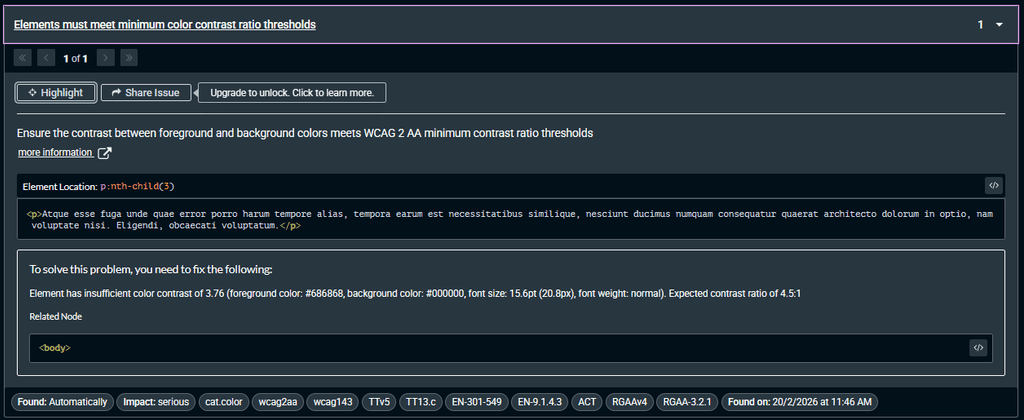 Axe DevTools screenshot showing a WCAG 2 AA color‑contrast violation triggered during an SDA fade‑in animation.