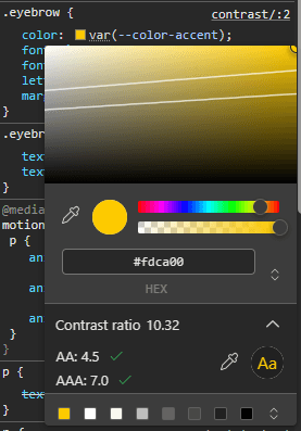 Chrome DevTools color picker showing contrast information for the selected foreground and background
colors.