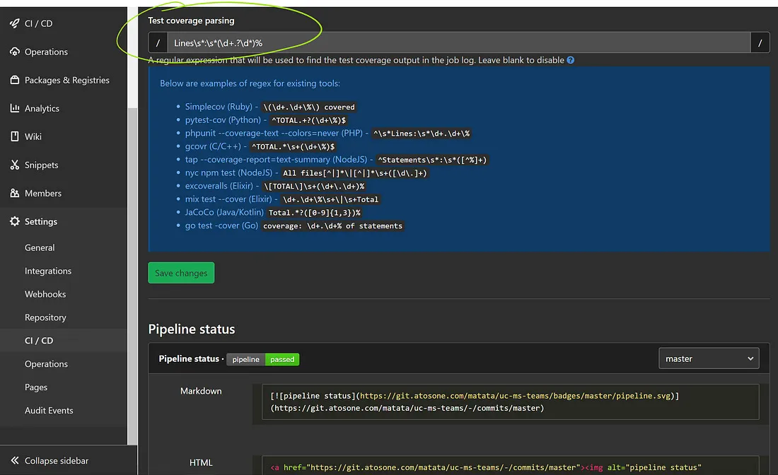 Regular expression used for test coverage parsing