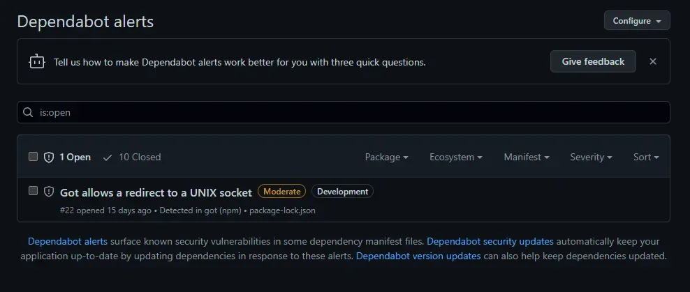 The dependabot alerts page showing a single moderate vulnerability
