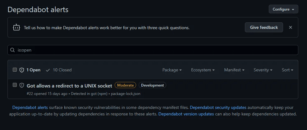 The dependabot alerts page showing a single moderate vulnerability