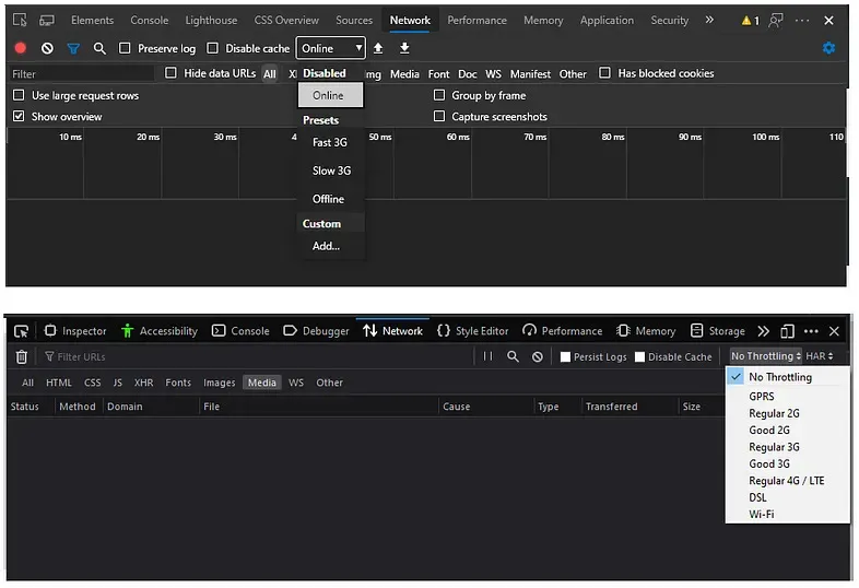 Screenshots of browser devtools showing network speed simulation options in Chrome/Edge and Firefox.