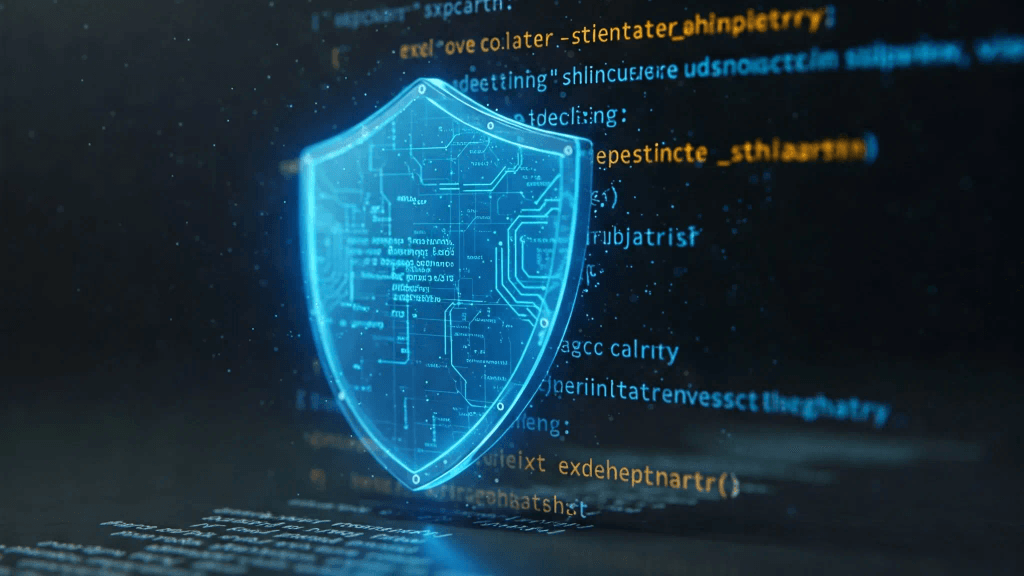 A shield floating in front of some code snippets