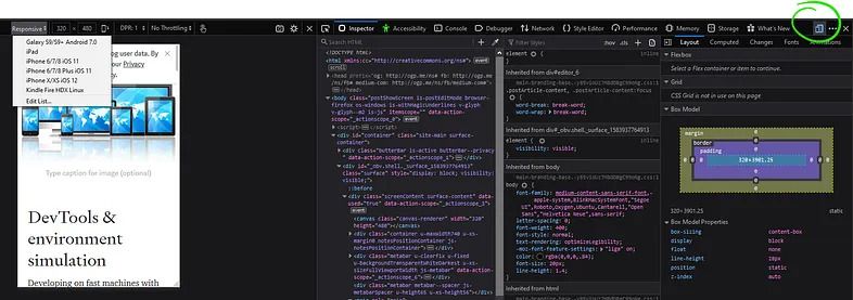 Firefox DevTools displaying a simulated mobile device view next to the page’s HTML and CSS for responsive debugging.