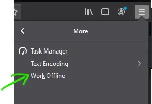 Screenshot of Firefox’s menu showing the ‘Work Offline’ option used for offline testing.