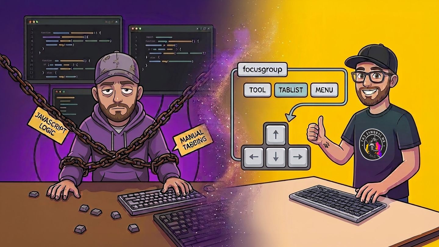 A comic-style hero image split in two: on the left, a tired developer, wearing a purple hoodie, is chained by 'JavaScript Logic' and 'Manual Tabbing' logic, struggling with complex code. On the right, a smiling Michaël Vanderheyden with a cap and glasses gives a thumbs-up. Floating beside him, 'focusgroup' automatically handling navigation for 'toolbar', 'tablist', and 'menu' via standard arrow keys.