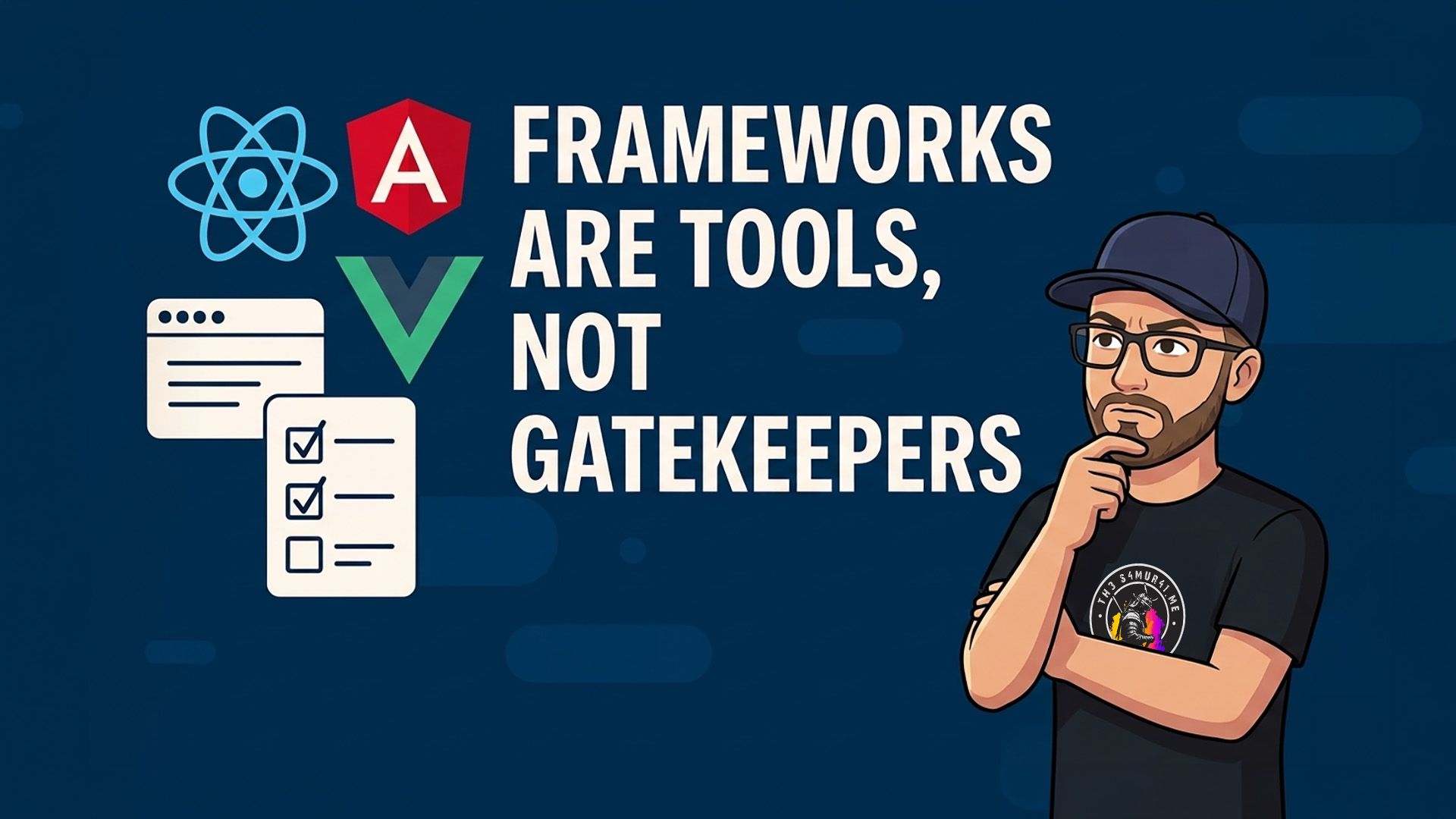 A comic-style illustration of Michaël Vanderheyden frowning at popular framework logos next to the text “Frameworks are tools, not gatekeepers”