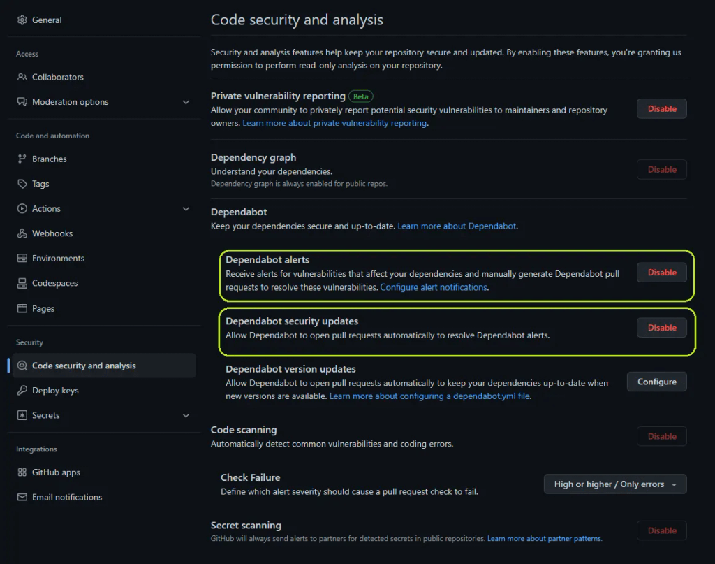 Github’s “Code security and analysis” repository settings with Dependabot alerts & Dependabot security updates enabled