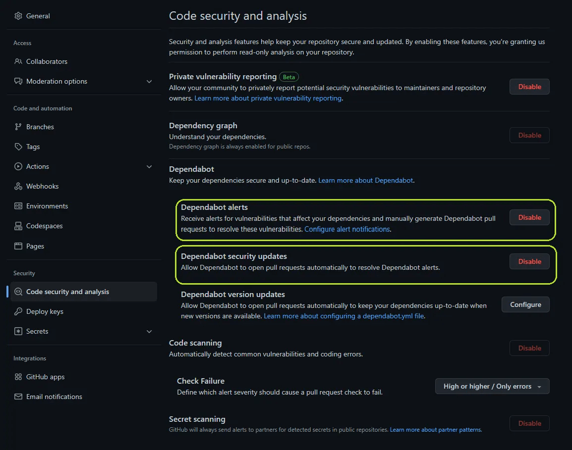 Github’s “Code security and analysis” repository settings with Dependabot alerts & Dependabot security updates enabled