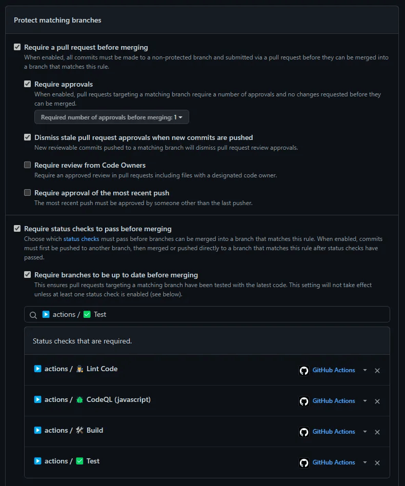 Make sure that PR need to be approved and your relevant CI workflows are successful before allowing pull requests to be merged