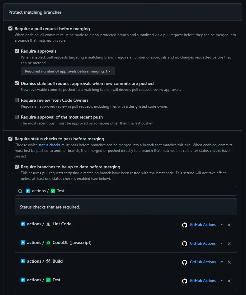 Make sure that PR need to be approved and your relevant CI workflows are successful before allowing pull requests to be merged