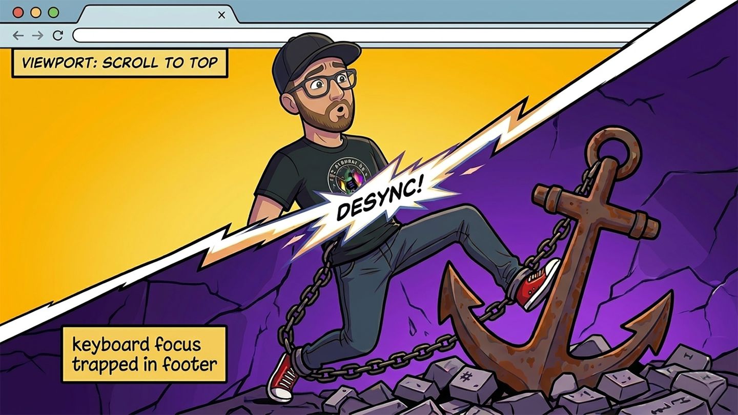 A comic-style illustration within a web browser frame shows Michaël Vanderheyden looking confused as a giant diagonal lightning bolt splits the scene. His upper body is shown floating up towards a yellow background box reading "VIEWPORT: SCROLL TO TOP," while his lower body and legs are physically chained to a rusty anchor labeled "keyboard focus trapped in footer" keycap-rubble background