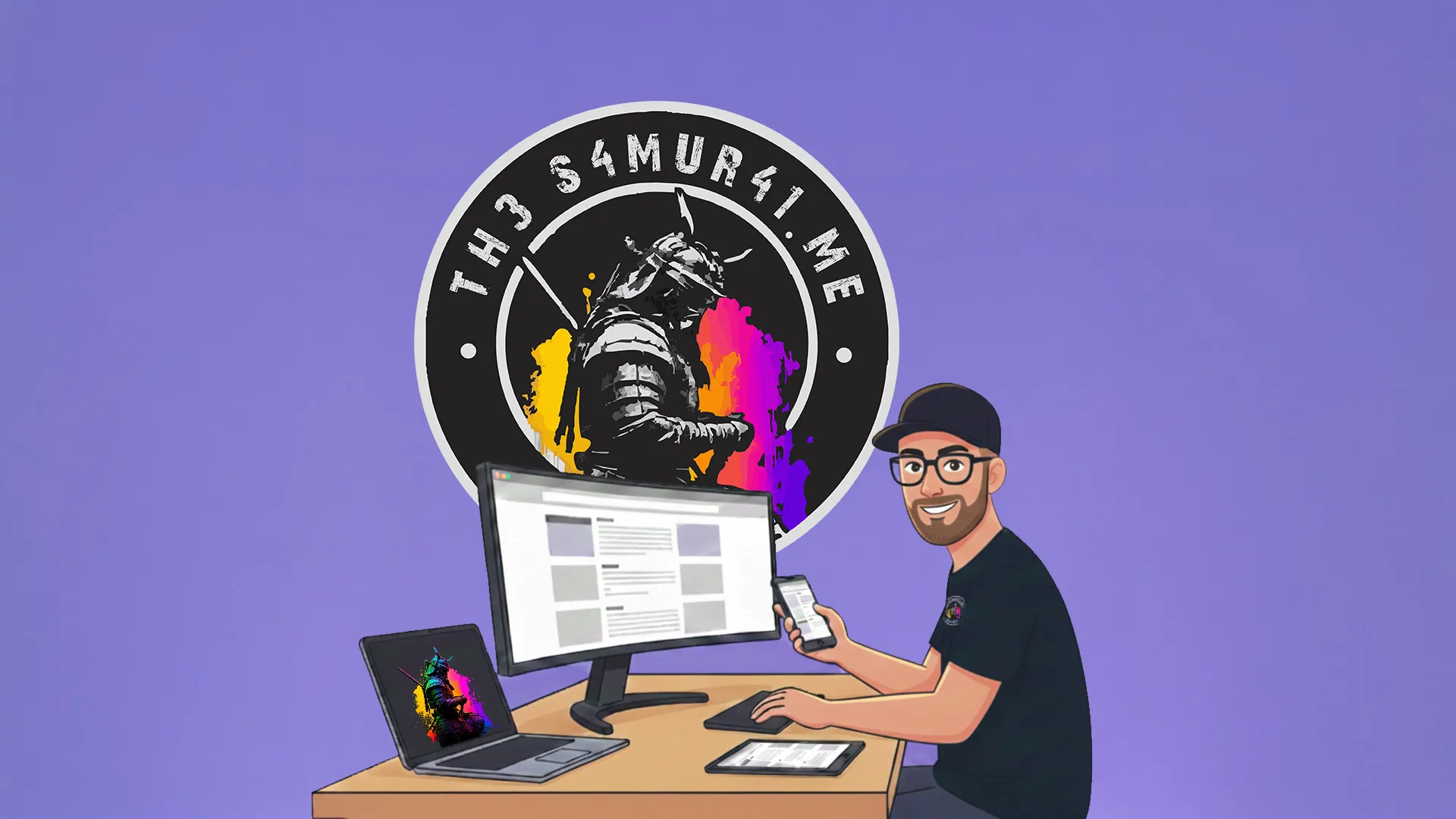 Digital workspace with a developer surrounded by a desktop, laptop, tablet, and phone, representing comprehensive web app testing across platforms.