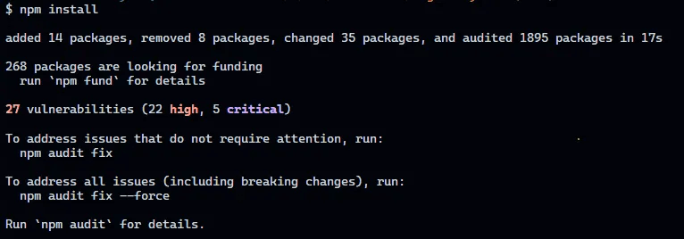 npm install reporting vulnerabilities