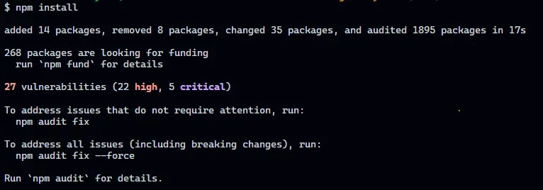 npm install reporting vulnerabilities