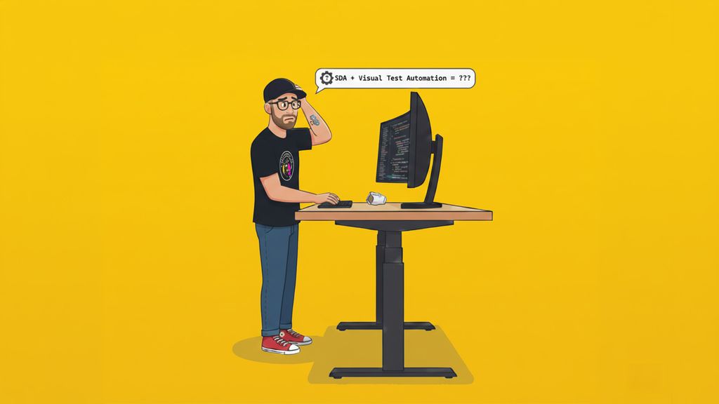 Cartoon-style developer at a standing desk scratching his head in confusion while looking at code on a monitor, struggling to make visual test automation work with scroll-driven animations.