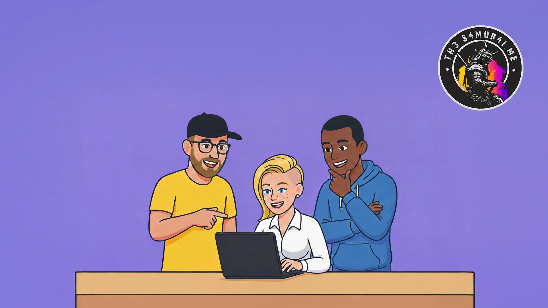 Illustration of a team collaborating around a laptop, symbolizing tools that improve teamwork and code quality