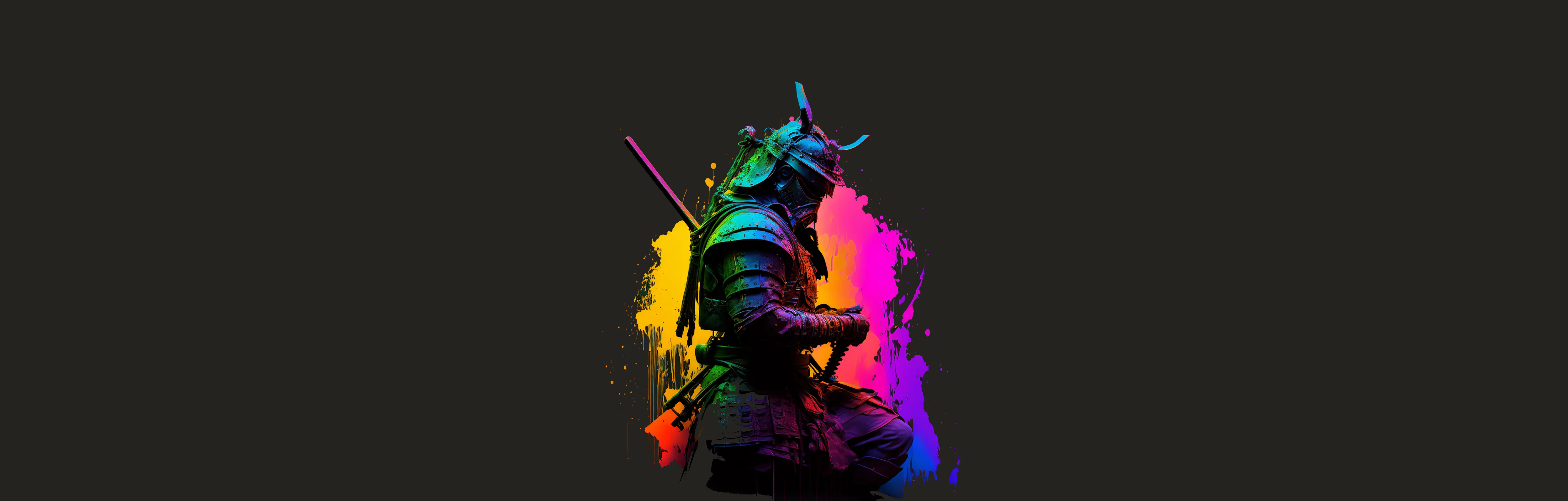 Modern-day samurai kneeling in traditional armor, sword in hand, against a vibrant wall of multicolored paint splashes — symbolizing the fusion of ancient warrior spirit with contemporary creativity.