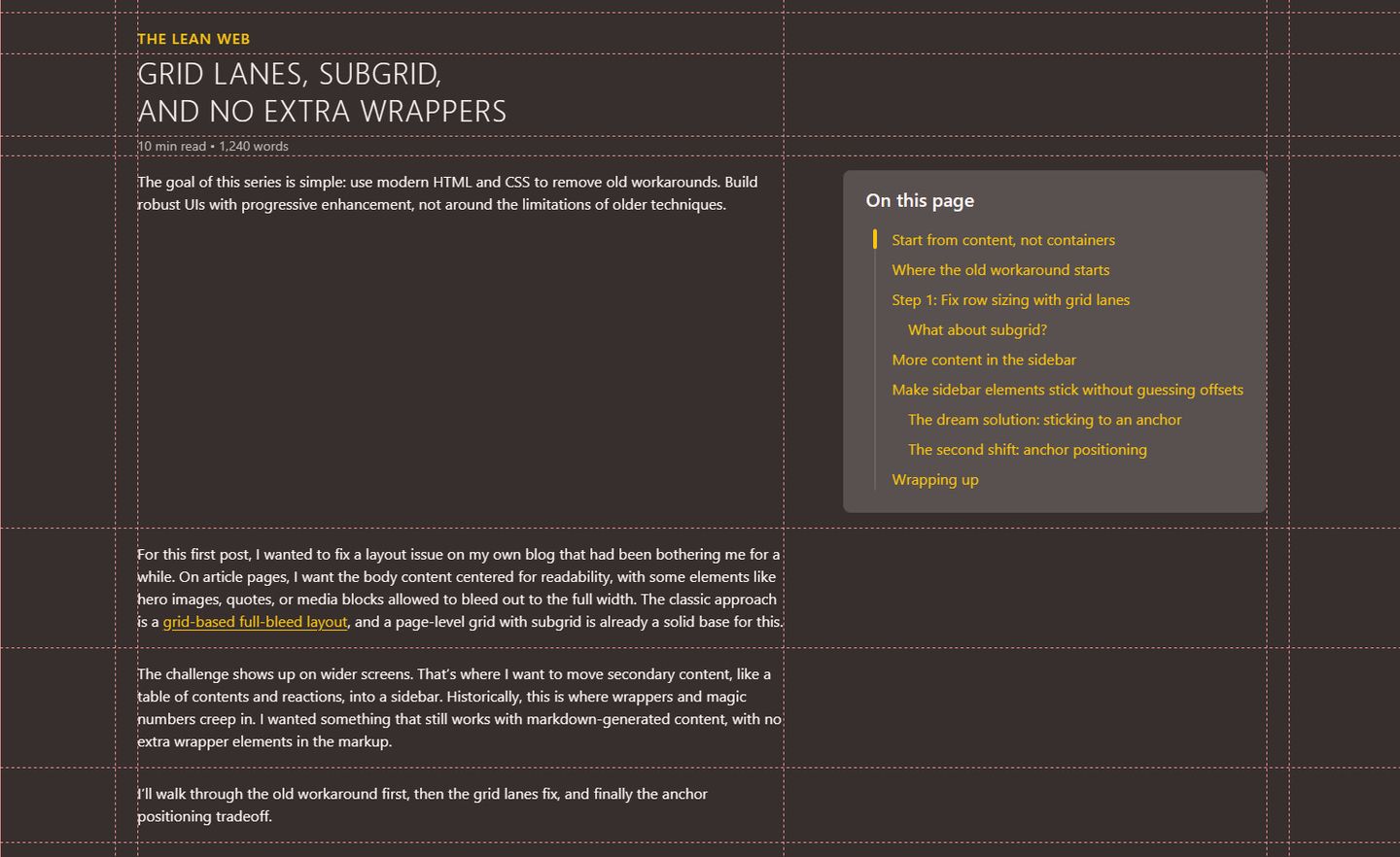 website layout screenshot showing an article with a table of contents in a sidebar. The table of contents is taller than the first paragraph it shares a grid row with. Overlaying dashed lines highlight the underlying grid structure.